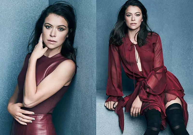 (Kairėje) Tatiana Maslany dėvi „Hermès“ viršutinę dalį ir sijoną (dešinėje) Aktorė pozuoja su Alexandre'o Vauthier suknele ir Christiano Louboutino batais