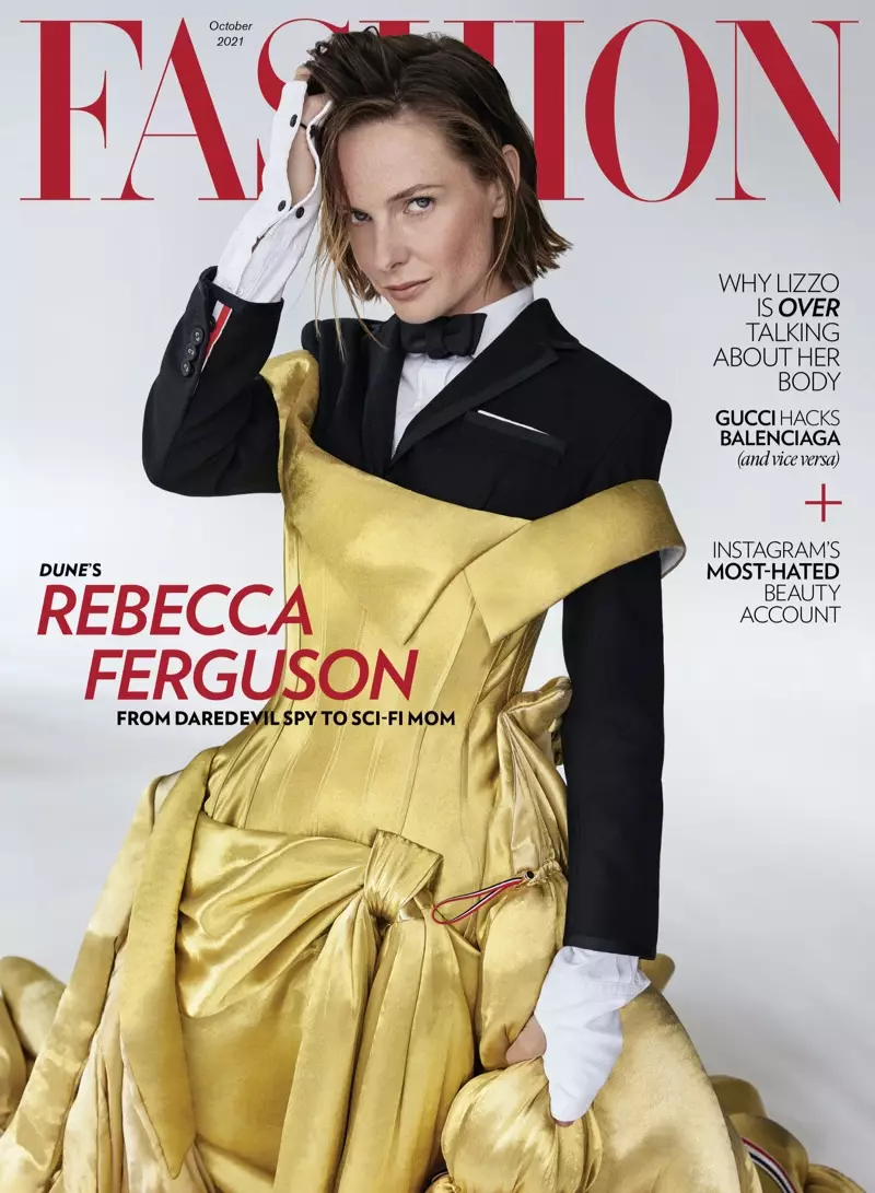 Rebecca Ferguson fuq FASHION Magazine Ottubru 2021 Cover. Ritratt: Royal Gilbert / MODA