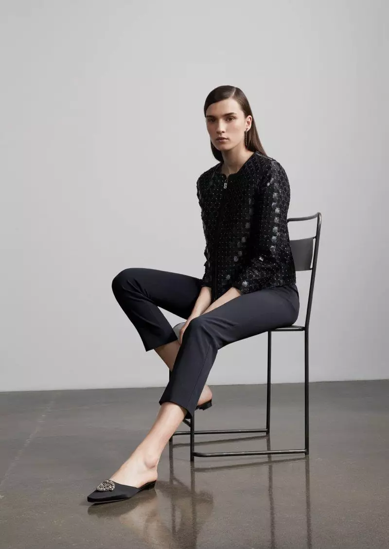 Armani Studded Leather Cutout Jacket, Armani Stretch Wool Crepe Ankle Pants, Carole Shashona Comet Long-Drop Earrings ug Manolo Blahnik Okkatomu Mules