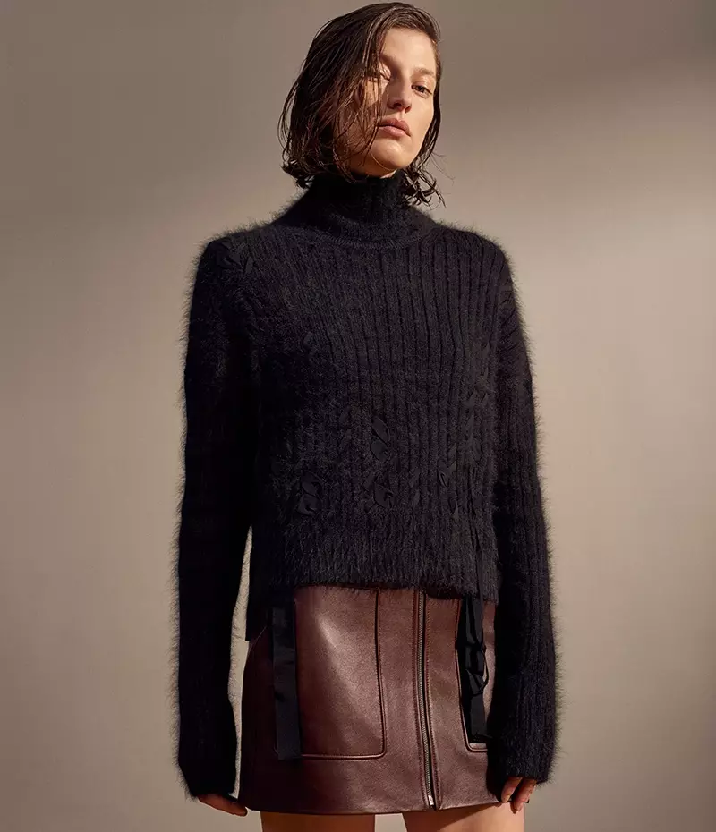 Helmut Lang Grosgrain-Accented Funnel Neck Sweater at Leather Miniskirt