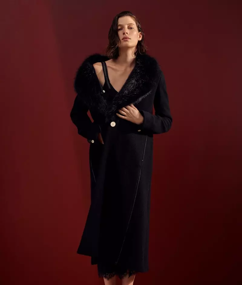 Helmut Lang Faux Fur Collar Coat at Scalloped-Lace Trimmed Slip Dress