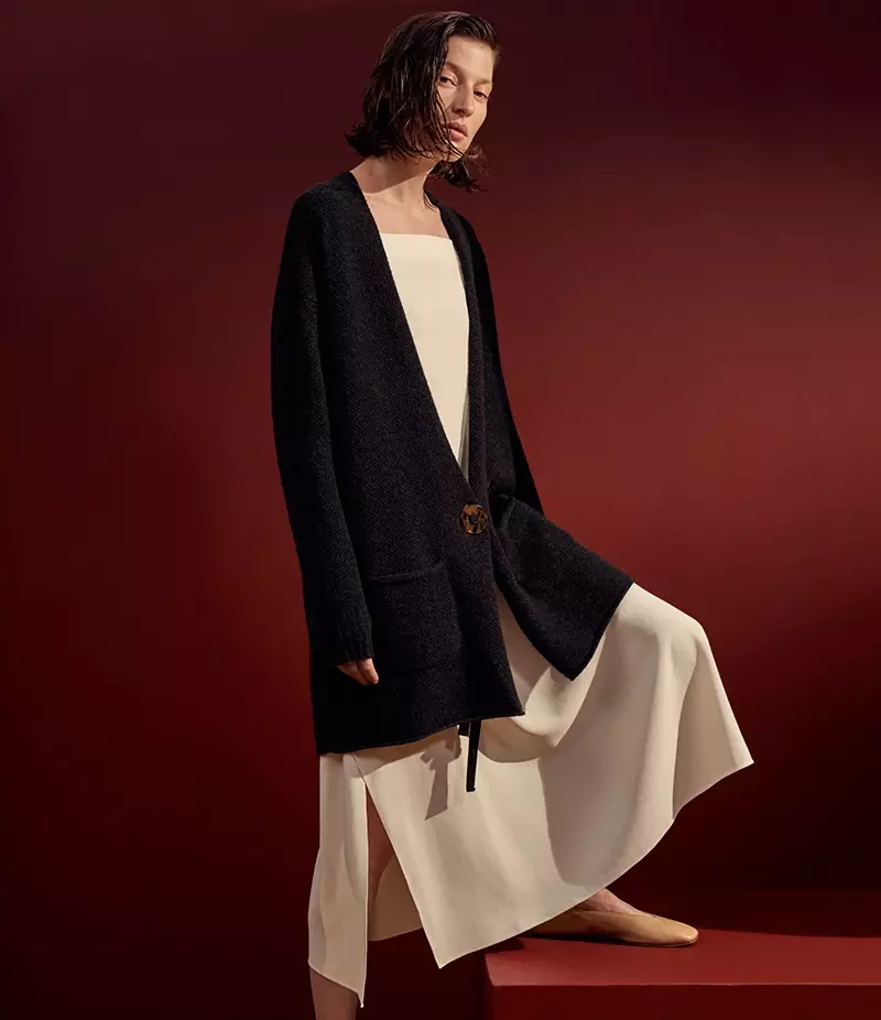 Helmut Lang Oversized Wool-Cashmere Cardigan, Apron-Front Column Gown at Leather Square-Toe Flats