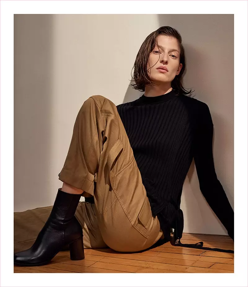 Helmut Lang Layered Merino Wool Rib-Knit Sweater, Twill Cargo Pants at Cylindrical-Heel Leather Ankle Boots