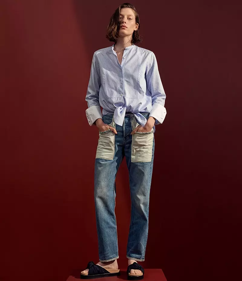 Helmut Lang Striped Cotton Poplin Shirt, Cotton Inside-Out-Pocket Jeans at Knotted Faille Slide Sandals