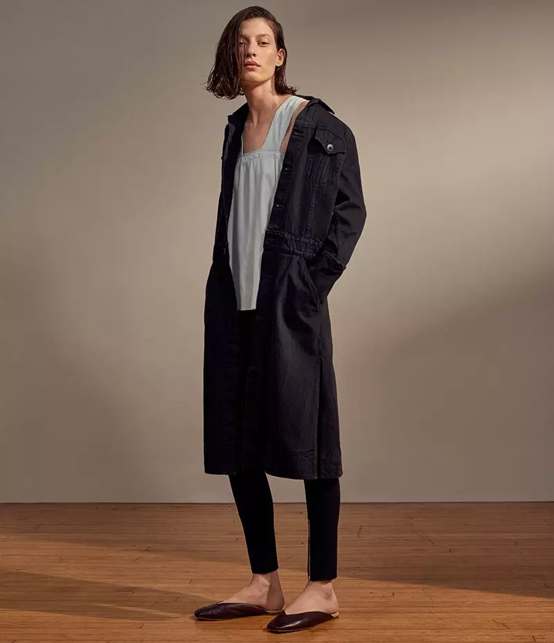 Helmut Lang Trucker Jacket Trench Coat, Self-Tie Pinafore Top, Stretch Twill Leggings at Square-Toe Leather Slippers