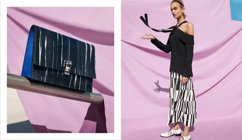 (Kaliwa) Proenza Schouler Small Lunch Bag (Kanan) Proenza Schouler Off-the-Shoulder Halter Tie Neck Top, Jacquard Knife-Pleated Long Skirt at Grommet-Embellished Oxfords