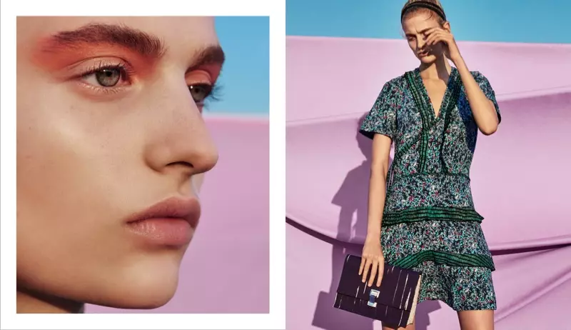 Proenza Schouler Soyut Baskı İpek Georgette Fırfırlı Elbise ve Küçük Öğle Yemeği Çantası