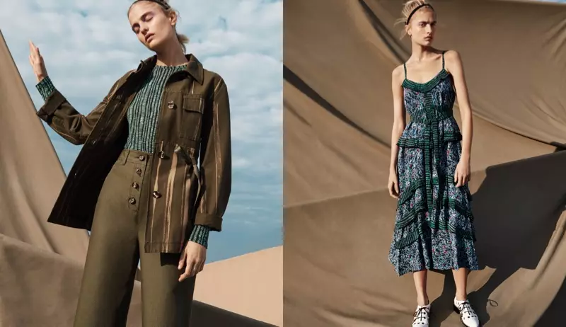 (vlevo) Proenza Schouler pruhovaná plátěná safari bunda, bavlněné tričko s dlouhým rukávem a plátěné culottes s knoflíky (vpravo) Proenza Schouler s abstraktním potiskem hedvábné Georgette Maxi šaty a zdobené oxfordky