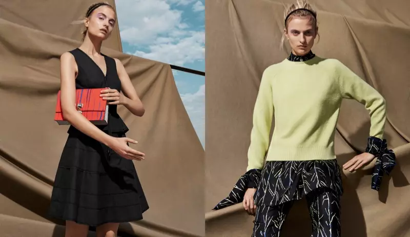 (Kiri) Proenza Schouler Peplum Waist Poplin Dress sareng Kantong Makan Siang Leutik (Katuhu) Proenza Schouler Cashmere-Blend Cardigan Sweater, Tangkal-Batang-Cetak Blus Sutra sareng Tangkal-Batang-Cetak Celana Kepar Sutra