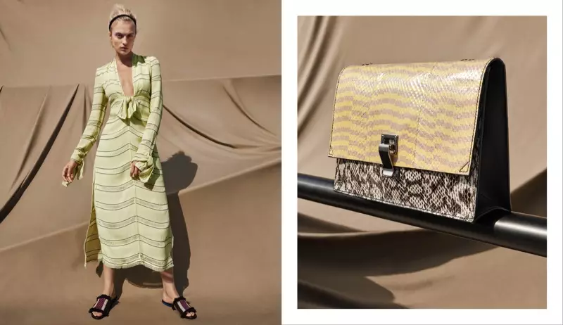 (vasemmalla) Proenza Schouler raidallinen sideharso V-kaula-pitkä mekko ja hapsut Raffia & Leather Slides (oikealla) Proenza Schouler pieni lounaskassi