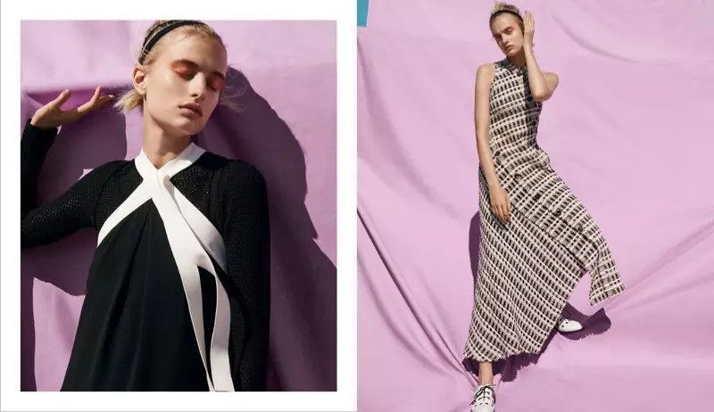 (Kairėje) Proenza Schouler Halter kaklaraištis su kaklu ir atviromis dygsniuotojais ilgomis rankovėmis (dešinėje) Proenza Schouler įtempto kirpimo languota tvido suknelė su įvorėmis puošta Oksfordo suknelė