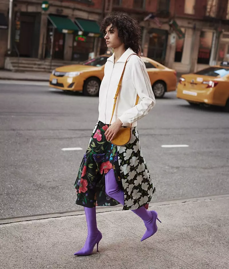 Area Deja Crystal-Embellished Track Jacket, Barneys New York Floral Silk Midi-Skirt, Balenciaga Knife Tech-Jersey Over-the-Knee Boots ma Paco Rabanne Half Moon Mini-Crossbody Bag