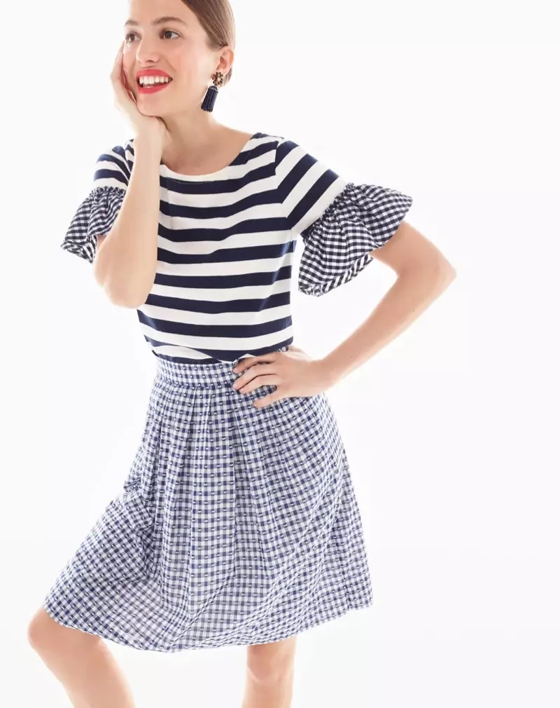 J. Crew Ruffle-Sleeve Top and Pull-on Skirt na Gingham Clip Dot
