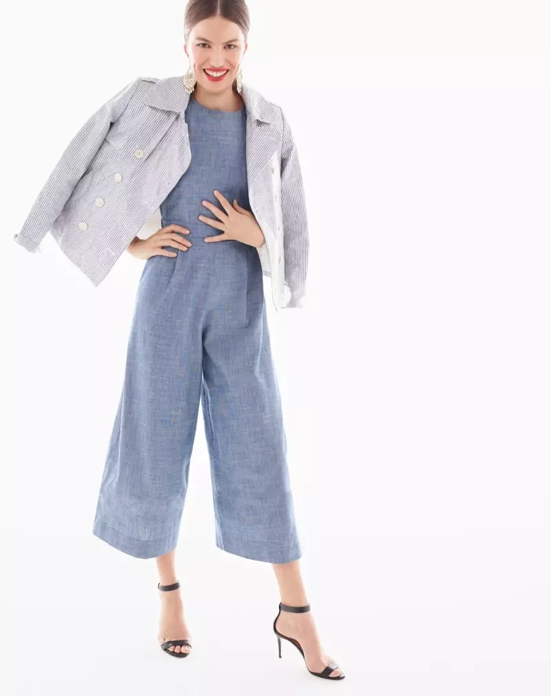 J. Crew Collection Striped Cropped Trench Coat, Chambray Jumpsuit dan High-Heel Ankle-Strap Sandals