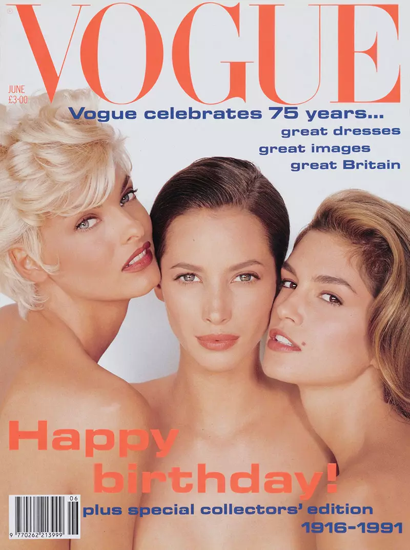 Linda Evangelista, Christy Turlington et Cindy Crawford sur la couverture de Vogue UK juin 1991