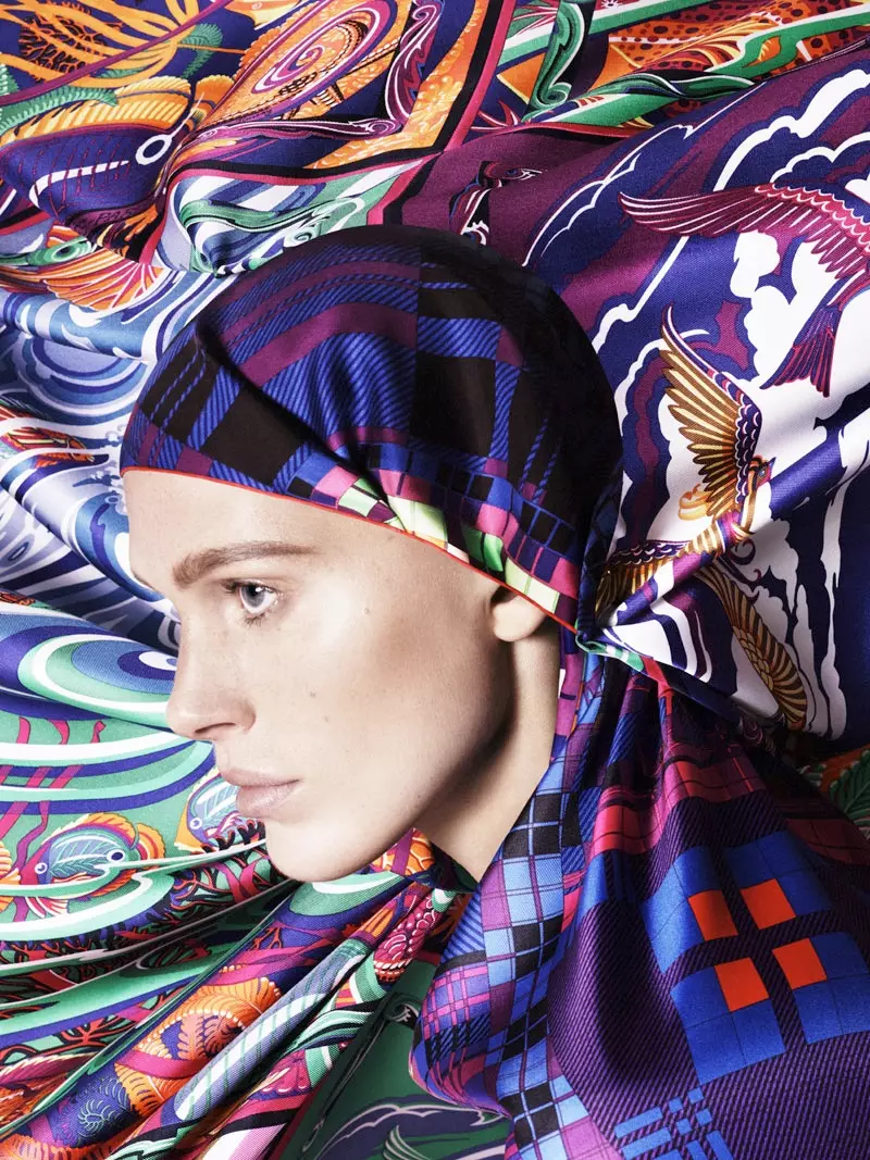 Iselin Steiro Models Hermès Printed Scarves for Spring '14 Catalog