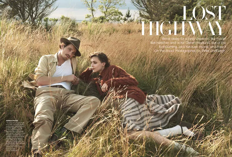 Kati Nescher และ Garrett Hedlund ออกเดินตามเส้นทางของ Peter Lindbergh ในนิตยสาร Vogue สหรัฐอเมริกา ตุลาคม 2012
