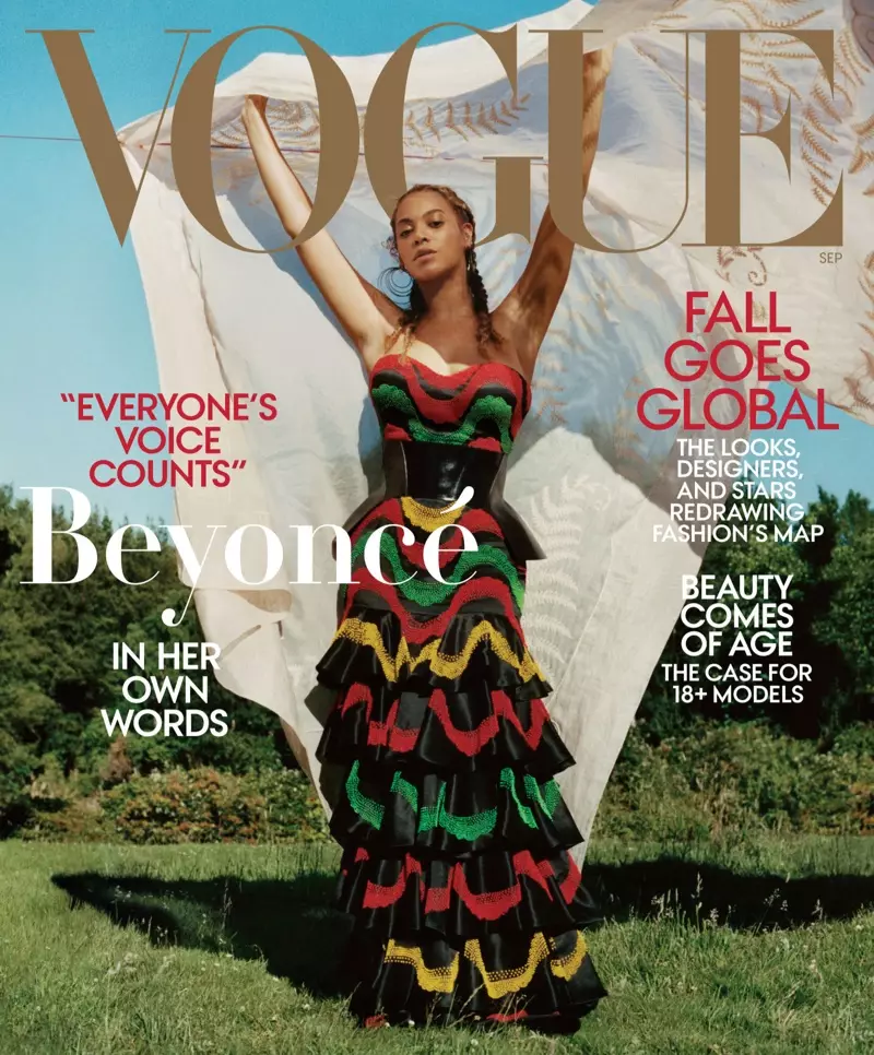 Penyanyi Beyonce nganggo gaun lan korset Alexander McQueen ing Vogue US September 2018 Cover