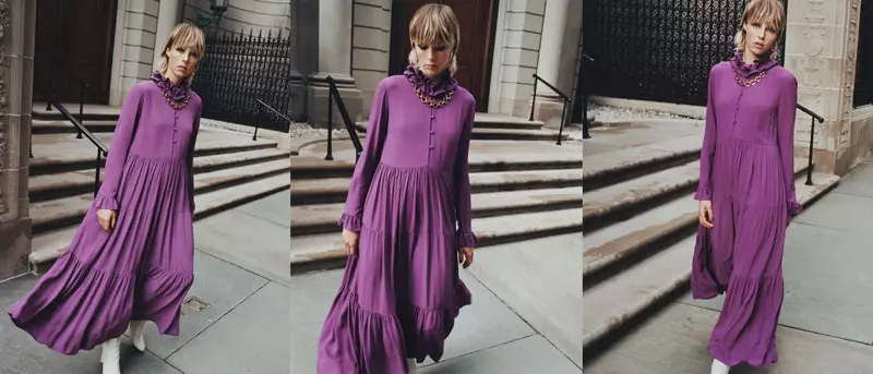 Edie Campbell porta un vestit llarg amb volants de Zara i unes botes de taló de cuir