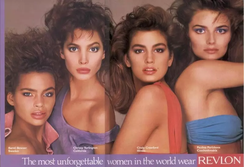 1980'lerde Revlon Reklamında Kersti Bowser, Christy Turlington, Cindy Crawford ve Paulina Porizkova