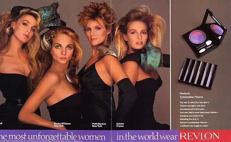 Jerry Hall, Rachel williams, Patti Hansen ak Estelle France nan ane 1980 Revlon Ad