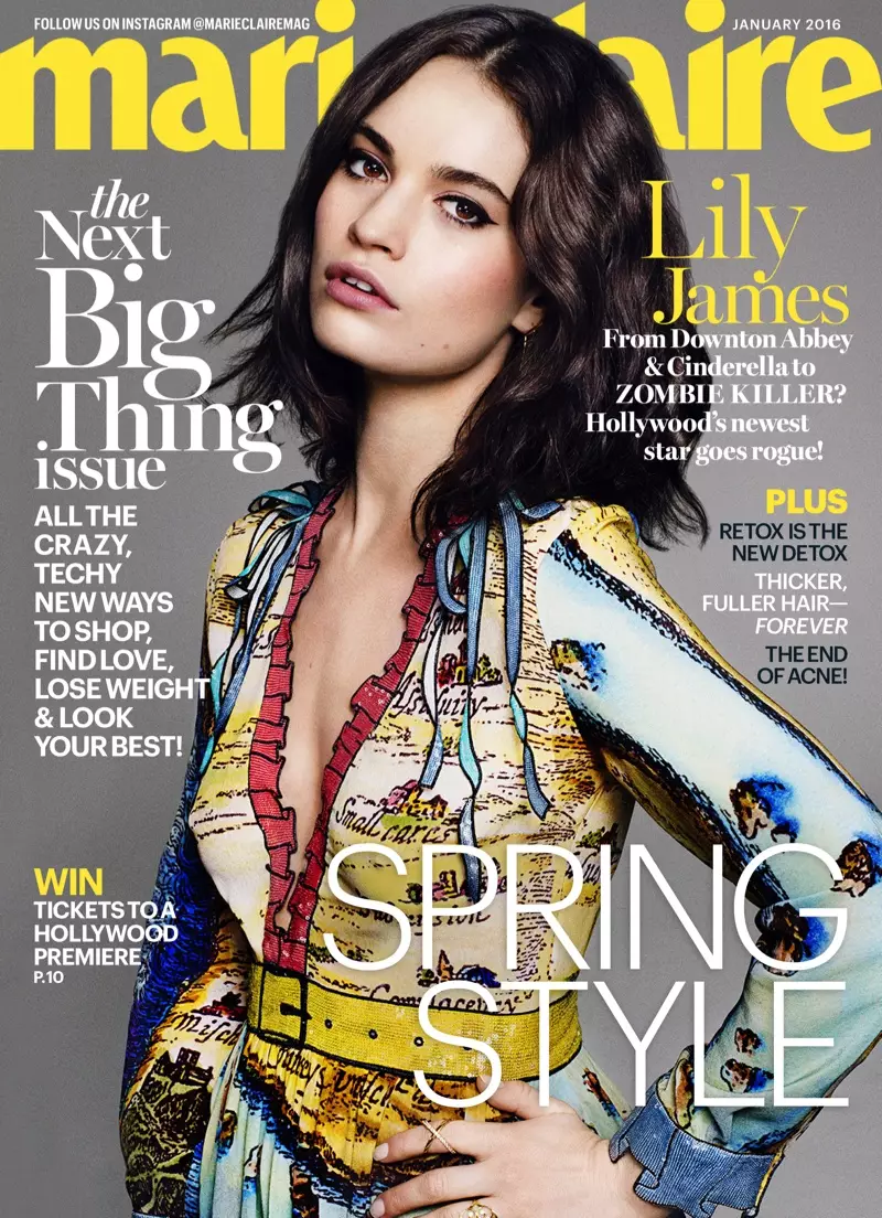 Lily James op Marie Claire Januarie 2016 voorblad