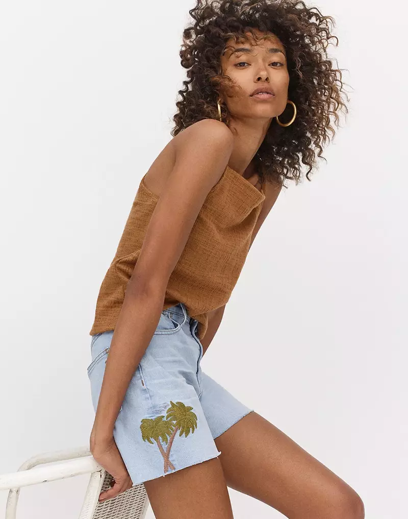 Madewell Textile & Thread Apron Tank Top, High Rise Denim Shorts: Sun Embroidered Edition ary Chunky Oversized Hoop Kavina