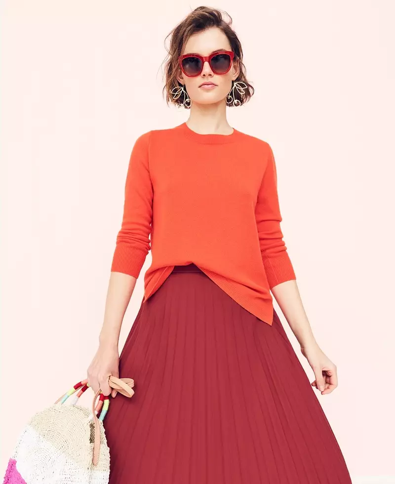 J. Crew Letsatsi le Letsatsi Cashmere Crewneck Skirt, Pleated Midi Skirt, Cherry Earrings le Circle Straw Tote in Colorblock