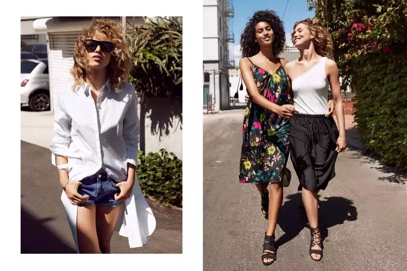 (Maldekstre) H&M Blanka Ĉemizo, Denim Shorts kaj Sunokulvitroj (Meze) H&M Konscia Ruĉita Robo kaj Kalkanumaj Sandaloj (Dekstre) H&M Unu-Ŝultra Supro, Ŝnura Jupo kaj Sandaloj kun Laĉado