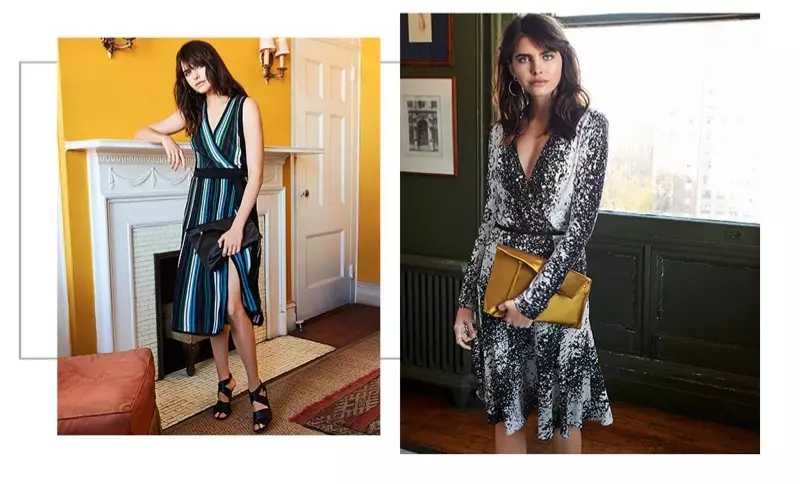 (Links) Diane von Furstenberg Cadenza-jurk, satijnen clutch en Sondrio-sandalen (rechts) Diane von Furstenberg New Jeanne-bodysuit, Nolita-rok en satijnen clutch