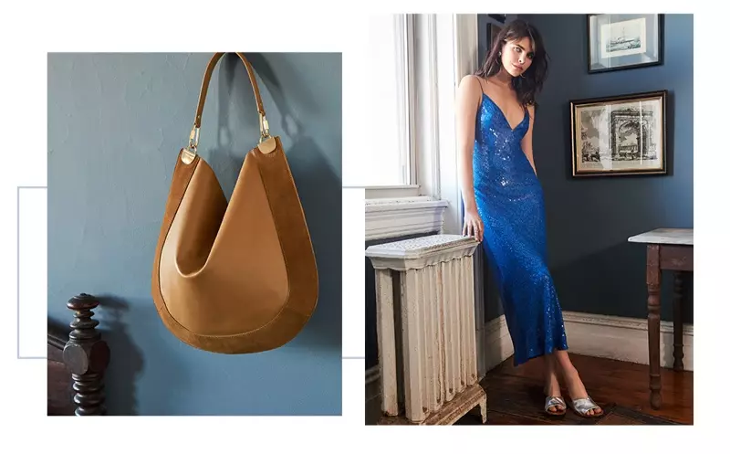 (Links) Diane von Furstenberg grote leren en suède hobo-tas (rechts) Diane von Furstenberg Havita-jurk en Caserta-slippers