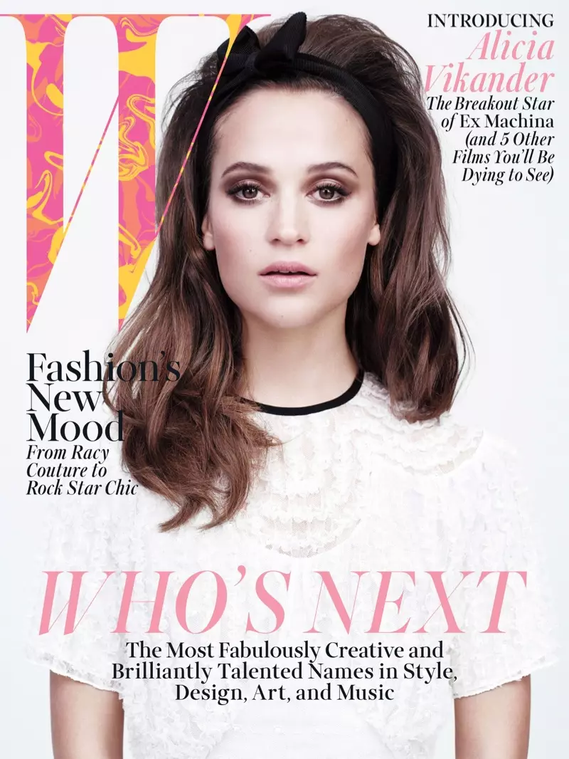 Mae Alicia Vikander yn serennu ar glawr Ebrill 2015 o W Magazine yn gwisgo ffrog wen Louis Vuitton.