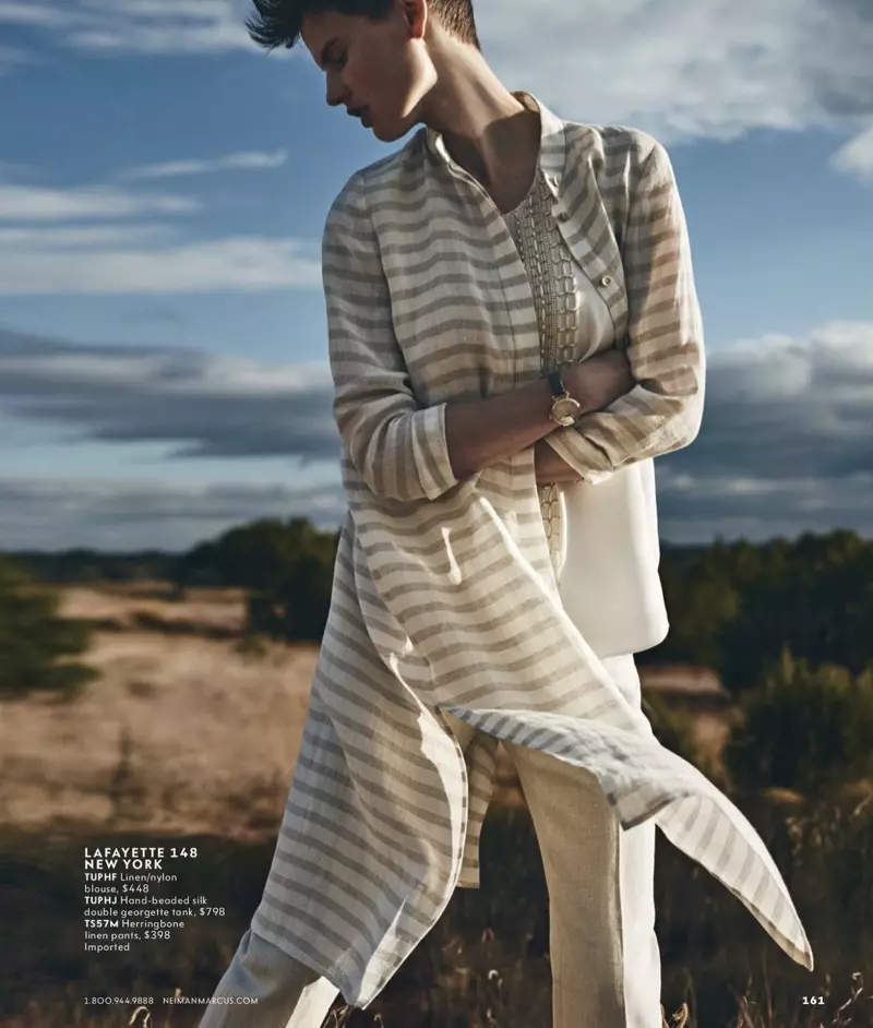 Lafayette 148 New York Auden Cardinal-Striped Stretch-Linen Tunic, අත් නැති අත්-පබළු ද්විත්ව ජෝර්ජට් සිල්ක් බ්ලවුස් සහ බැරෝ හෙරින්ග්බෝන් ලිනන් කලිසම්