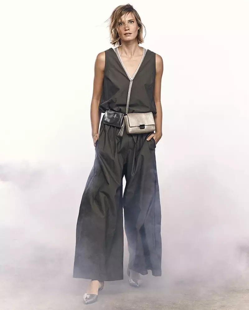 Brunello Cucinellli Sleeveless Silk Tunic e nang le Monili sefaha, Poplin Wide-Leg-Sleeveless Jumpsuit le Metallic Leather Double-Pouch Belt Bag