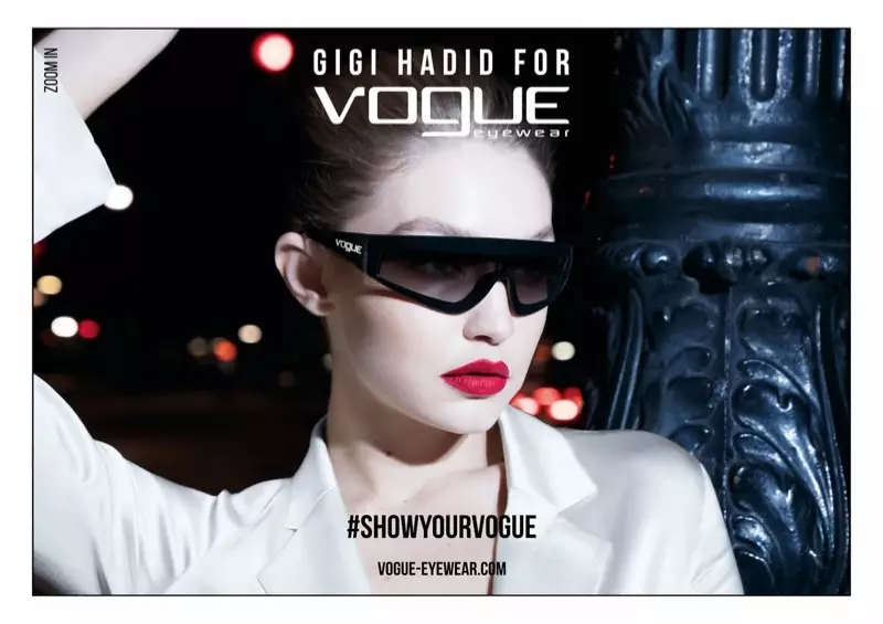 UGigi Hadid unxibe i-Zoom In silhouette evela kwi-Vogue Eyewear entwasahlobo yentsebenziswano ye-2019