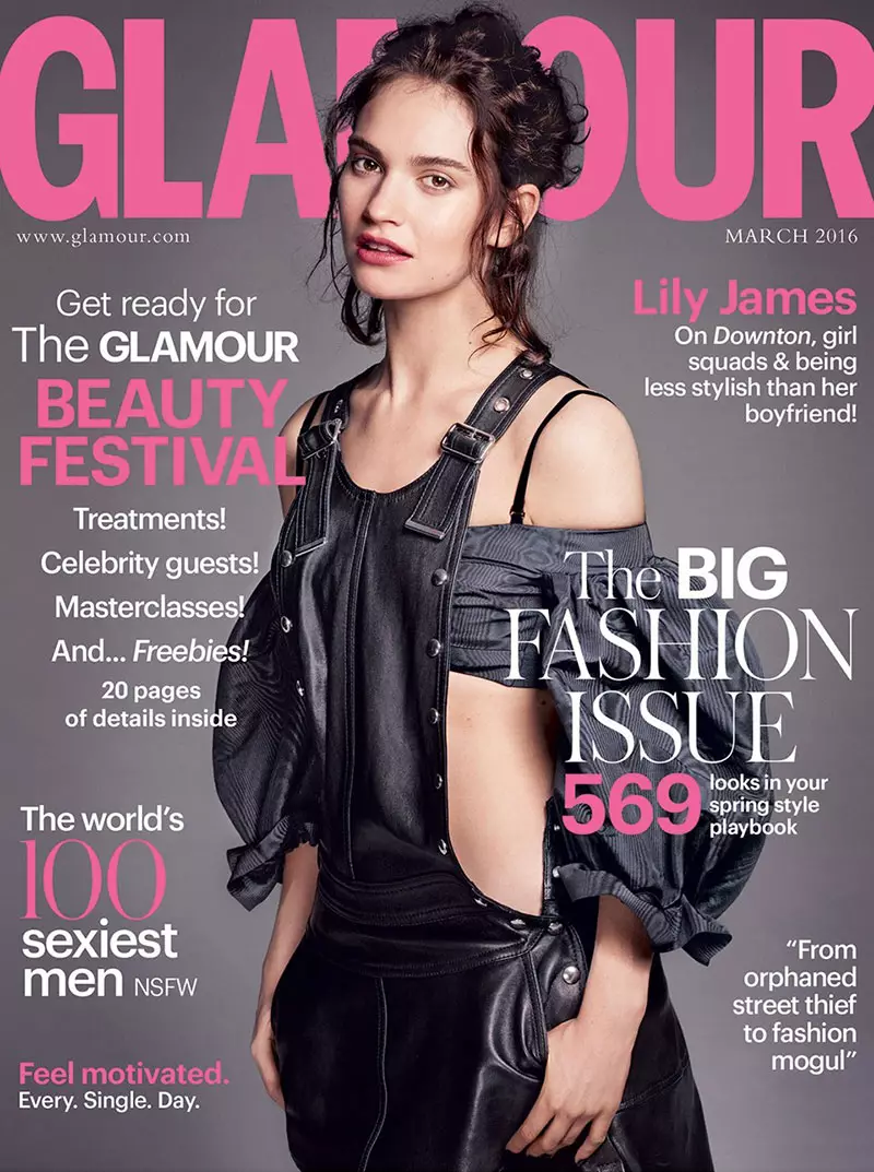 Lily James op Glamour UK maart 2016 cover