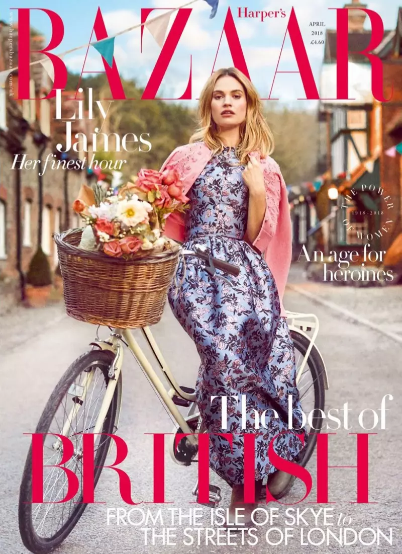 Lily James ar glawr Ebrill 2018 Harper's Bazaar UK