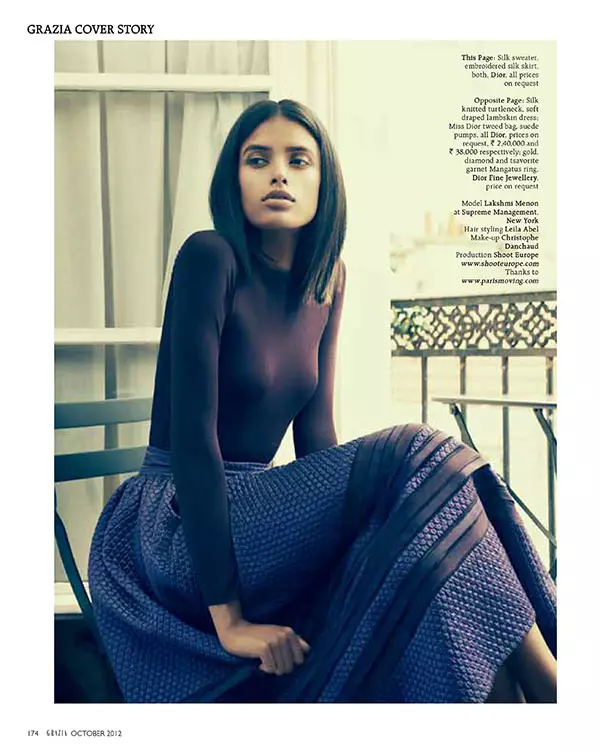 Lakshmi Menon affronta Parigi in Dior per il servizio fotografico di Grazia India dell'ottobre 2012 di Grazia India