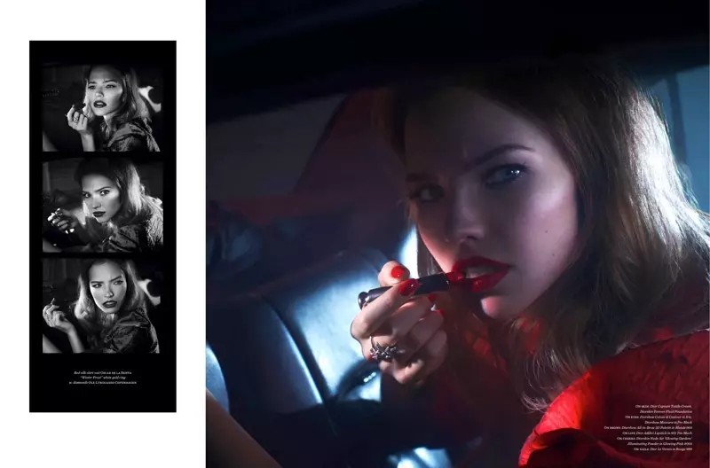 Sasha Luss သည် အနီရောင် Oscar de la Renta ဂျာကင်အင်္ကျီကို ၀တ်ထားစဉ် Dior Addict နှုတ်ခမ်းနီကို ဝတ်ဆင်ထားသည်။