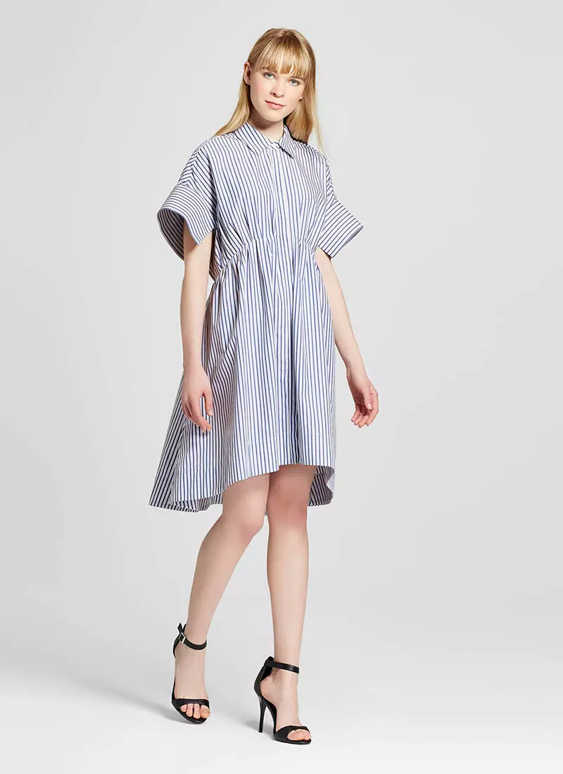 Victoria Beckham untuk Target Blue Stripe Poplin Gathered Waist Dress $35