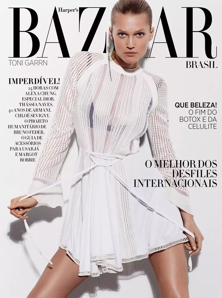 Toni Garrn ikopri l-qoxra ta' April 2015 minn Harper's Bazaar Brazil ritratta minn David Roemer