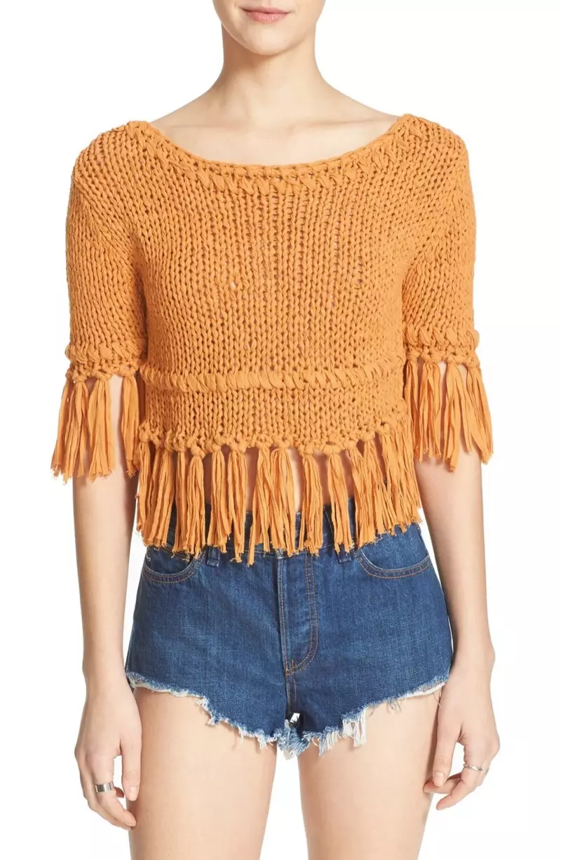 Free People Fringed Cropped Cotton Sweater