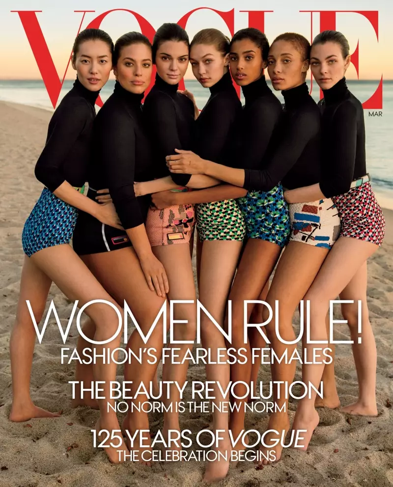 Liu Wen, Ashley Graham, Kendall Jenner, Gigi Hadid, Imaan Hammam, Adwoa Aboah a Vittoria Ceretti op Vogue Magazine Mäerz 2017 Cover