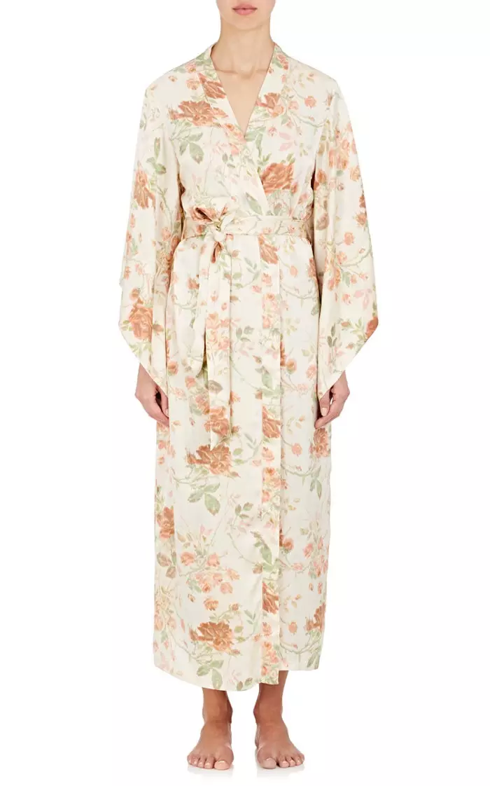 Stefānijas Seimūras tulpju apdrukas krauklis un zvirbulis Silk Charmeuse kimono halāts