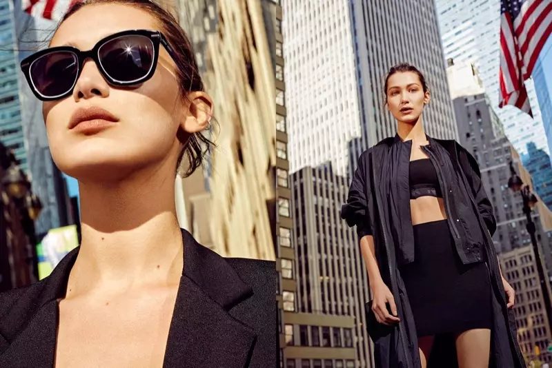 모델 벨라 하디드가 DKNY의 2017 봄-여름 캠페인을 위해 뉴욕에서 포즈를 취하고 있다.