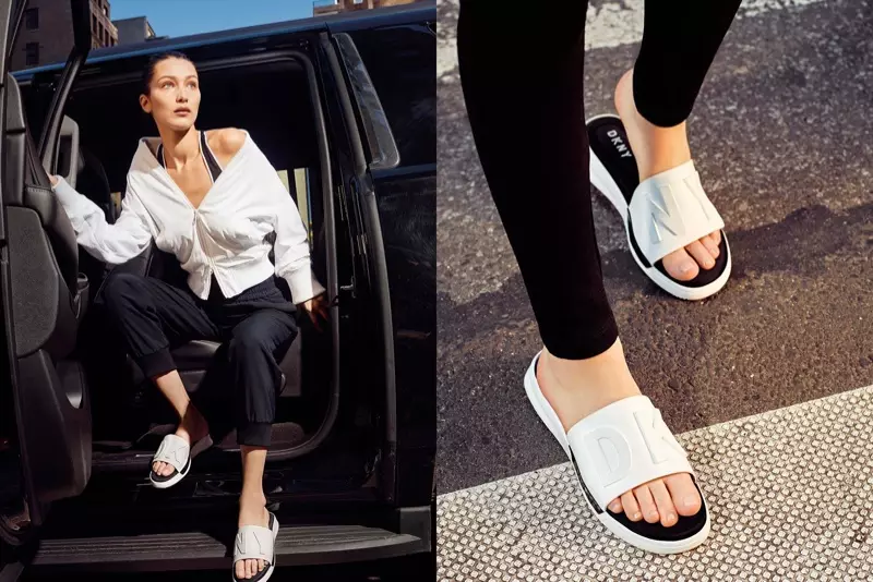 Bella Hadid draacht slide sandalen yn DKNY's maitiidskampanje fan 2017