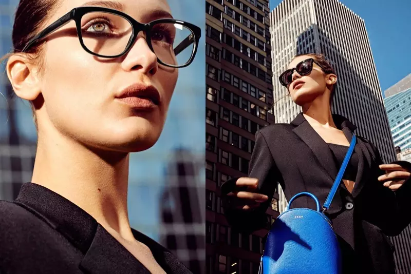세련된 광학 프레임을 착용한 Bella Hadid가 DKNY의 2017년 봄 캠페인에 등장했습니다.