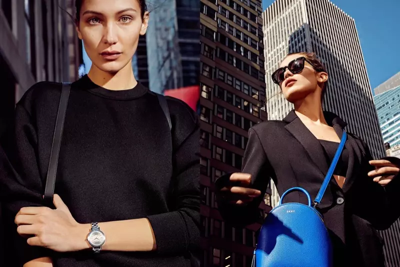 모델 벨라 하디드가 DKNY의 2017 봄 캠페인을 위해 시크한 블랙 스타일로 포즈를 취하고 있다.