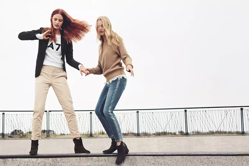 (Agavale) H&M Cotton Twill Jacket, Sweatshirt with Printed Design, Chinos and Suede Boots (Right) Patent-Knit Sweater, Camisole Top with Lace, Straight High Waist Jeans and Suede Boots