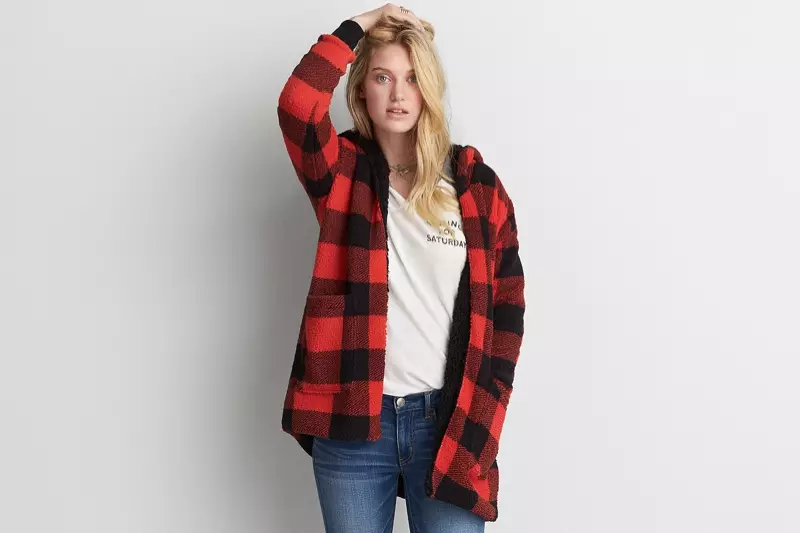 I-American Eagle Outfitters Faux Sherpa Hoodie e-Plaid